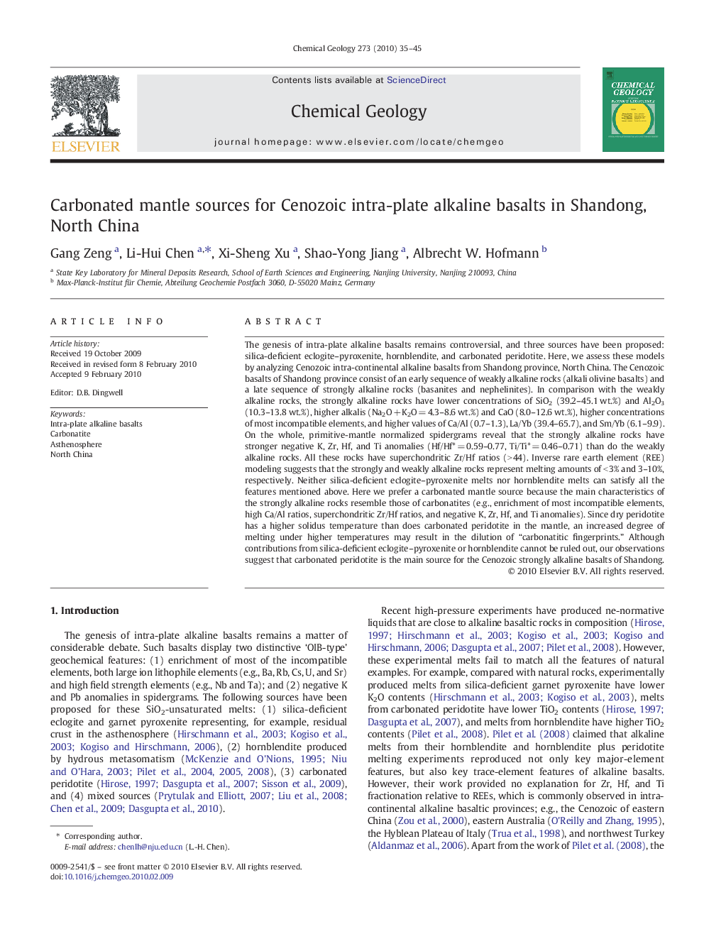 Carbonated mantle sources for Cenozoic intra-plate alkaline basalts in Shandong, North China