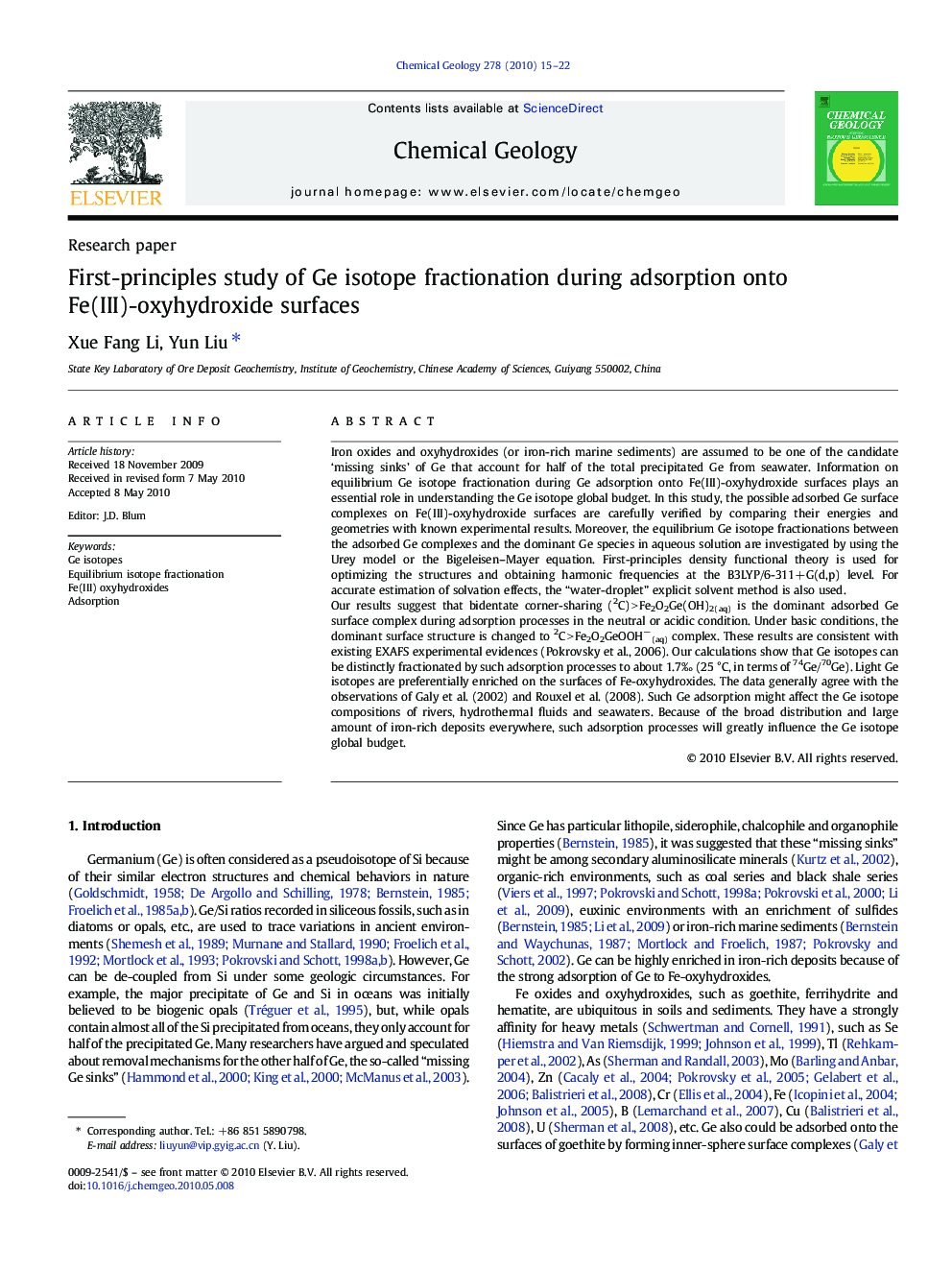 First-principles study of Ge isotope fractionation during adsorption onto Fe(III)-oxyhydroxide surfaces