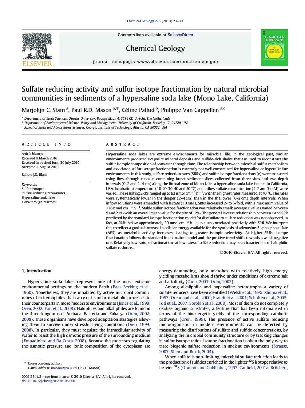 Sulfate reducing activity and sulfur isotope fractionation by natural microbial communities in sediments of a hypersaline soda lake (Mono Lake, California)
