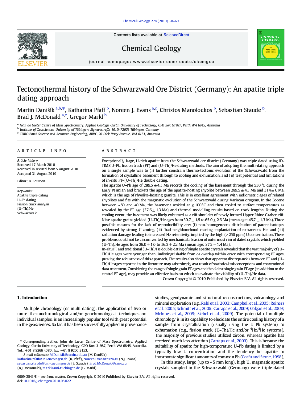 Tectonothermal history of the Schwarzwald Ore District (Germany): An apatite triple dating approach