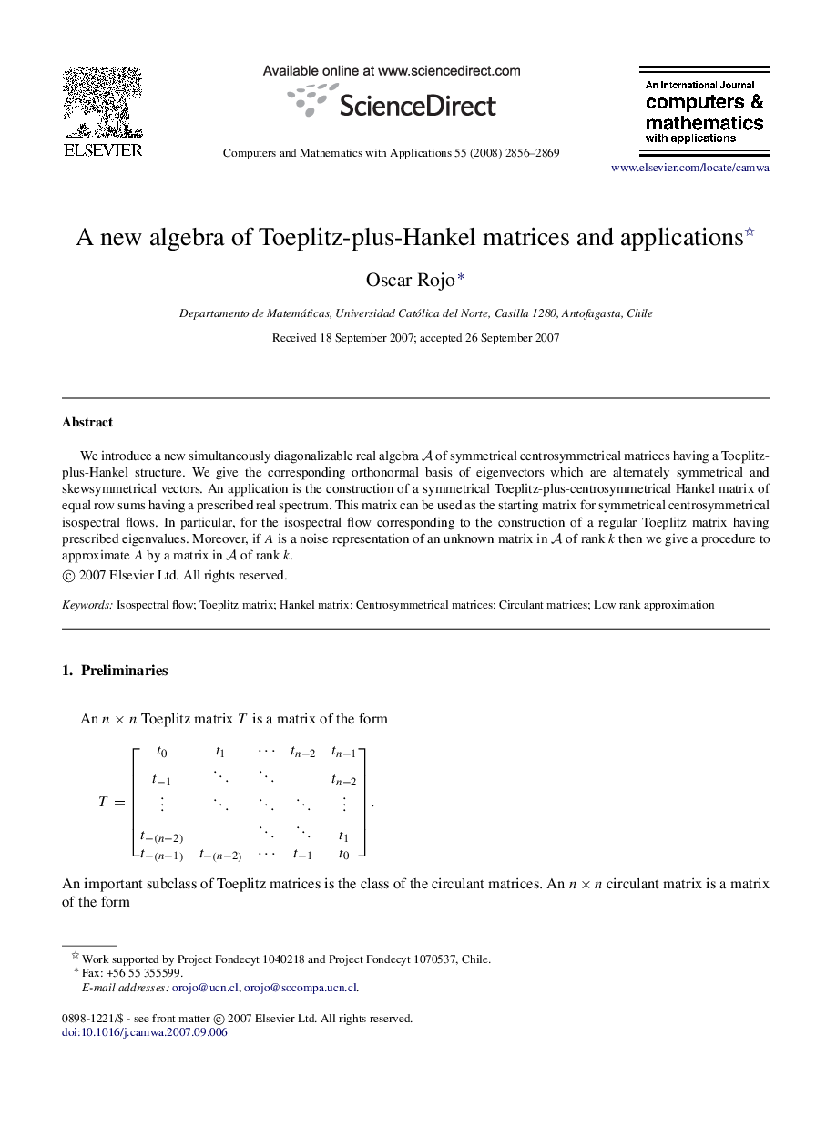 A new algebra of Toeplitz-plus-Hankel matrices and applications 