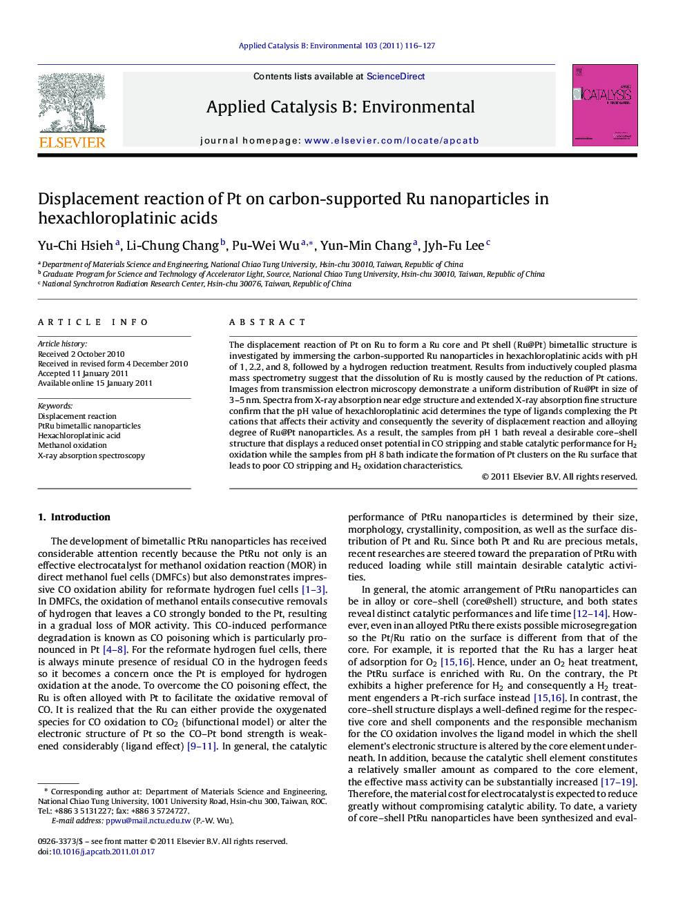 Displacement reaction of Pt on carbon-supported Ru nanoparticles in hexachloroplatinic acids