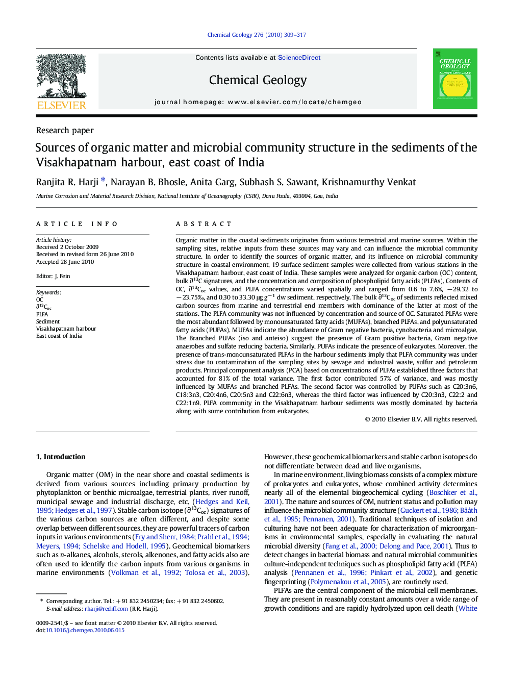 Sources of organic matter and microbial community structure in the sediments of the Visakhapatnam harbour, east coast of India