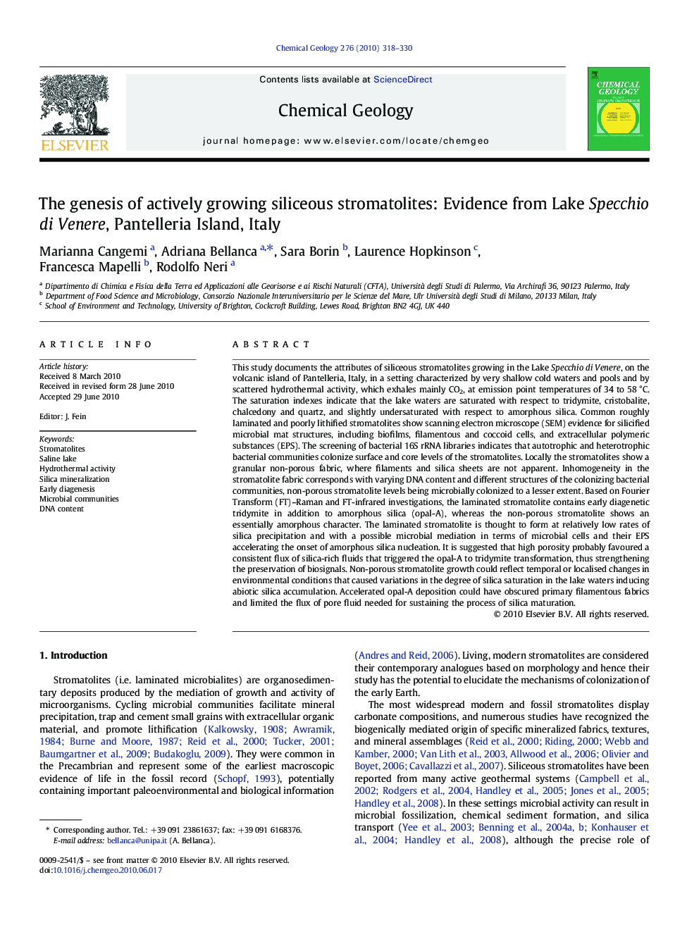 The genesis of actively growing siliceous stromatolites: Evidence from Lake Specchio di Venere, Pantelleria Island, Italy