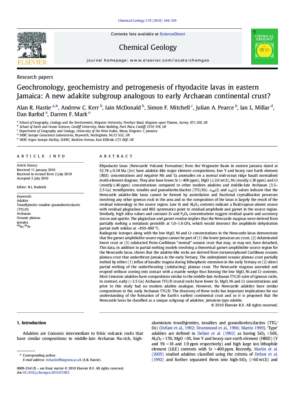 Geochronology, geochemistry and petrogenesis of rhyodacite lavas in eastern Jamaica: A new adakite subgroup analogous to early Archaean continental crust?