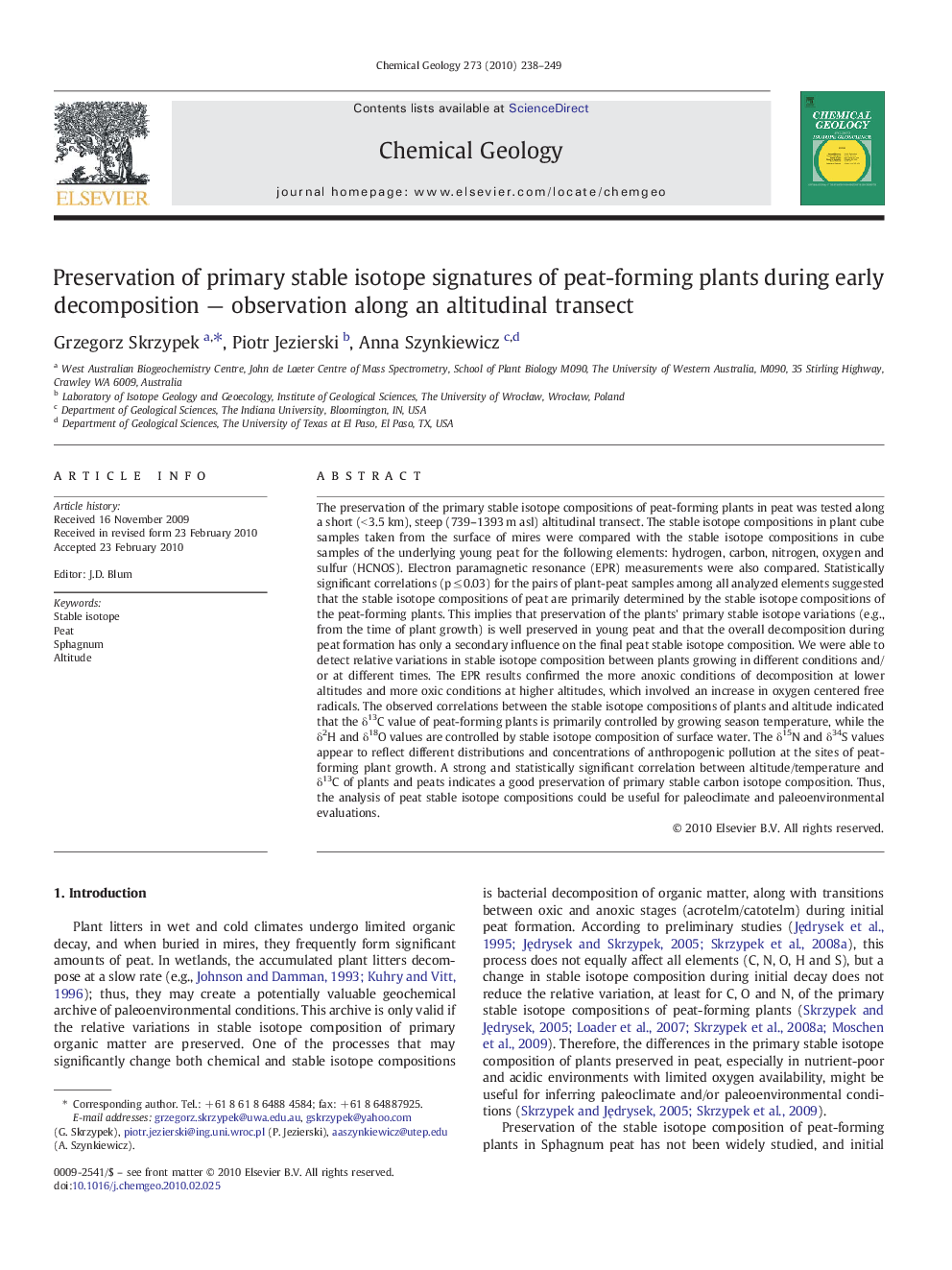 Preservation of primary stable isotope signatures of peat-forming plants during early decomposition — observation along an altitudinal transect