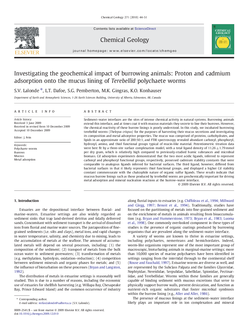 Investigating the geochemical impact of burrowing animals: Proton and cadmium adsorption onto the mucus lining of Terebellid polychaete worms