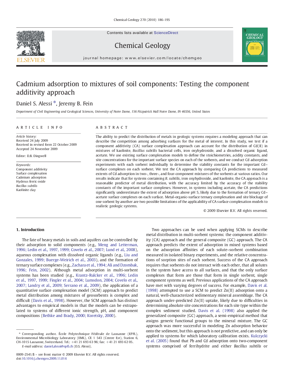 Cadmium adsorption to mixtures of soil components: Testing the component additivity approach