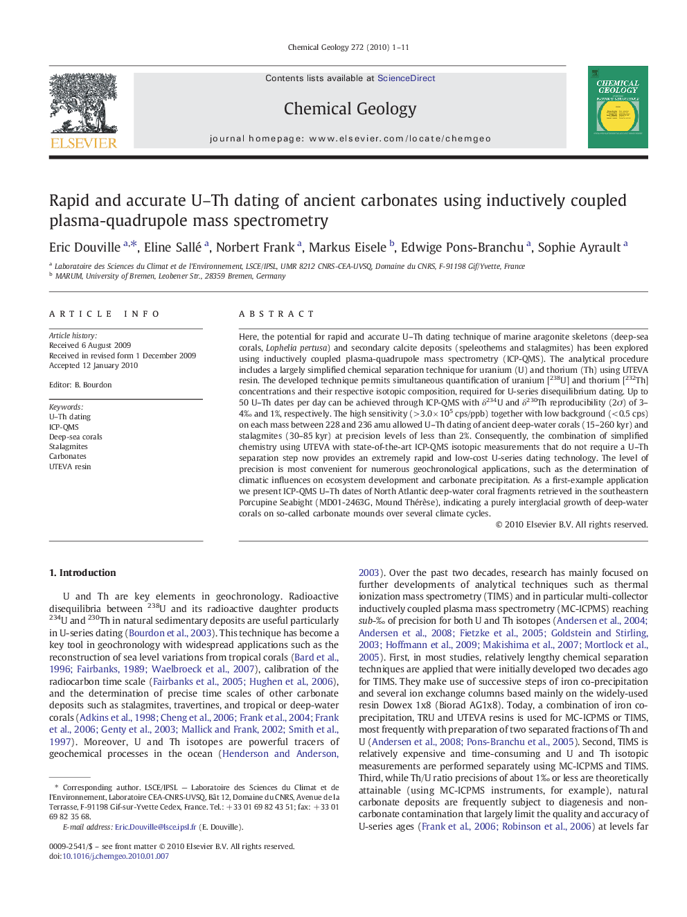 Rapid and accurate U–Th dating of ancient carbonates using inductively coupled plasma-quadrupole mass spectrometry