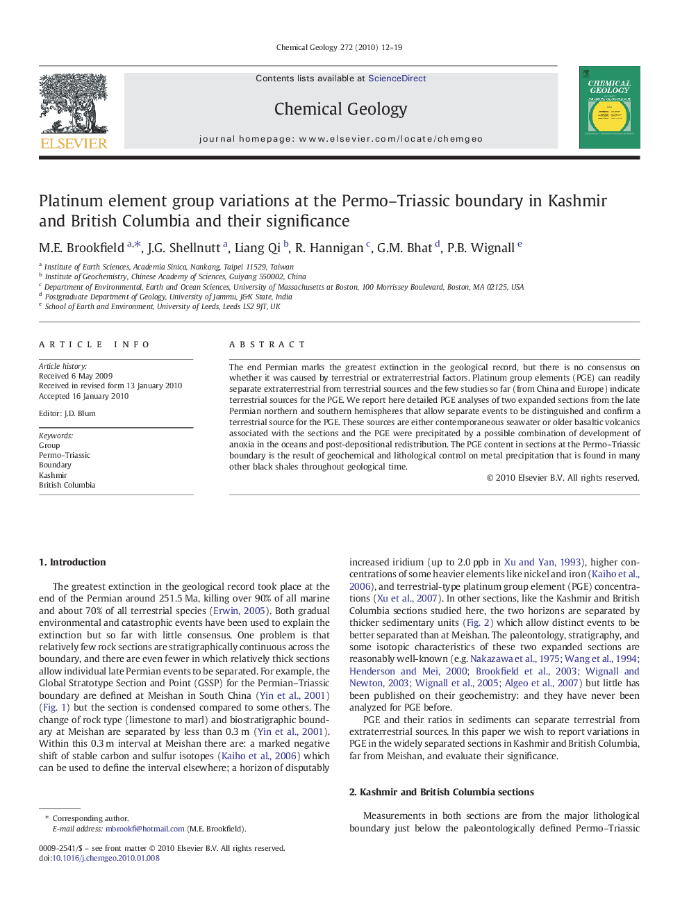 Platinum element group variations at the Permo-Triassic boundary in Kashmir and British Columbia and their significance