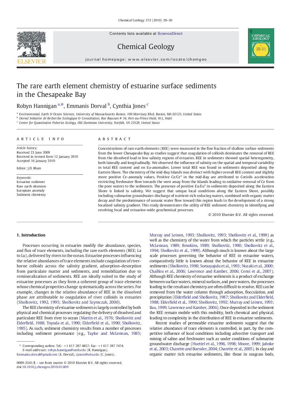 The rare earth element chemistry of estuarine surface sediments in the Chesapeake Bay