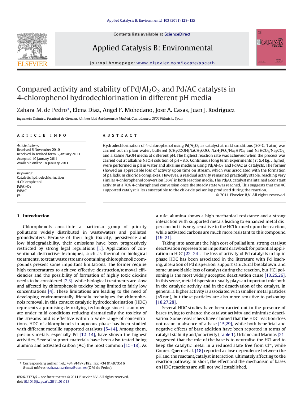 Compared activity and stability of Pd/Al2O3 and Pd/AC catalysts in 4-chlorophenol hydrodechlorination in different pH media