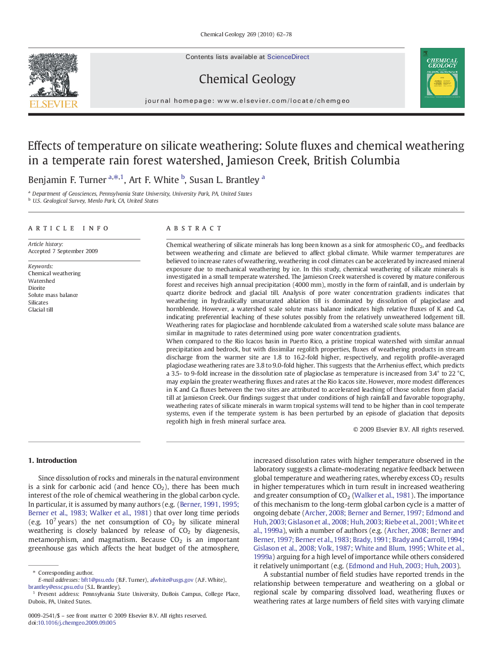 Effects of temperature on silicate weathering: Solute fluxes and chemical weathering in a temperate rain forest watershed, Jamieson Creek, British Columbia