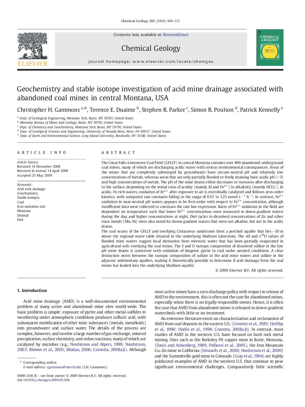 Geochemistry and stable isotope investigation of acid mine drainage associated with abandoned coal mines in central Montana, USA