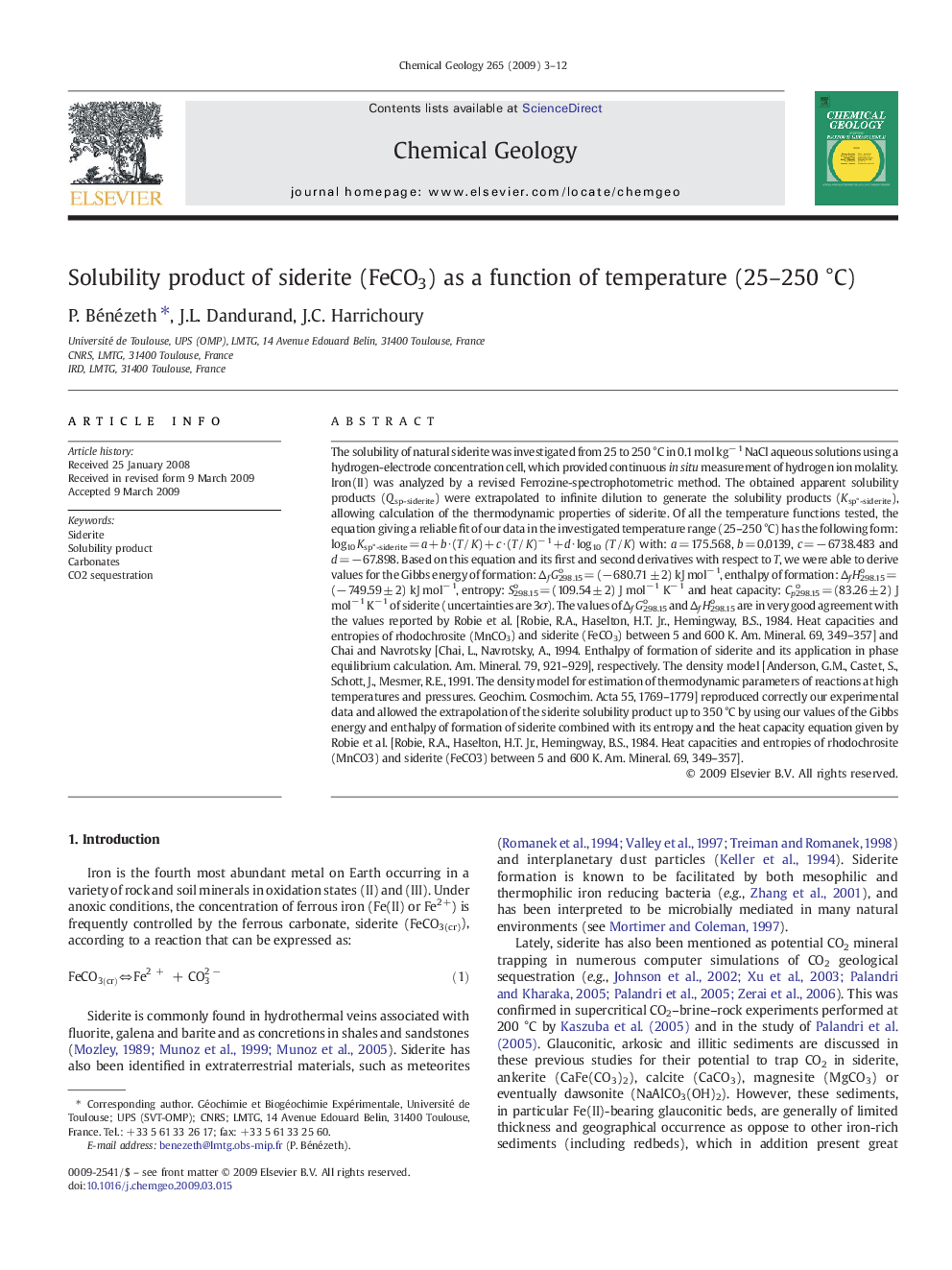 Solubility product of siderite (FeCO3) as a function of temperature (25–250 °C)