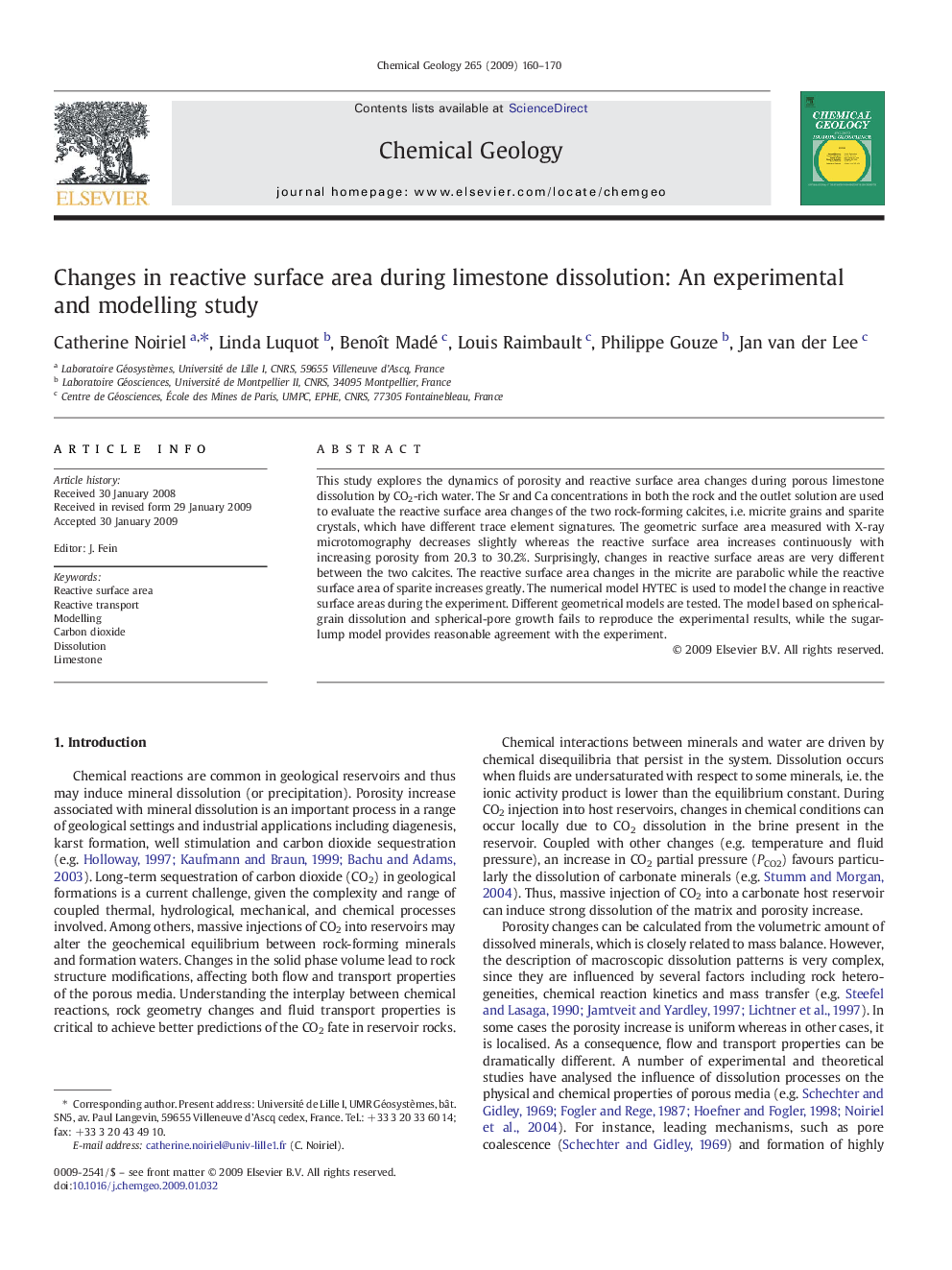 Changes in reactive surface area during limestone dissolution: An experimental and modelling study
