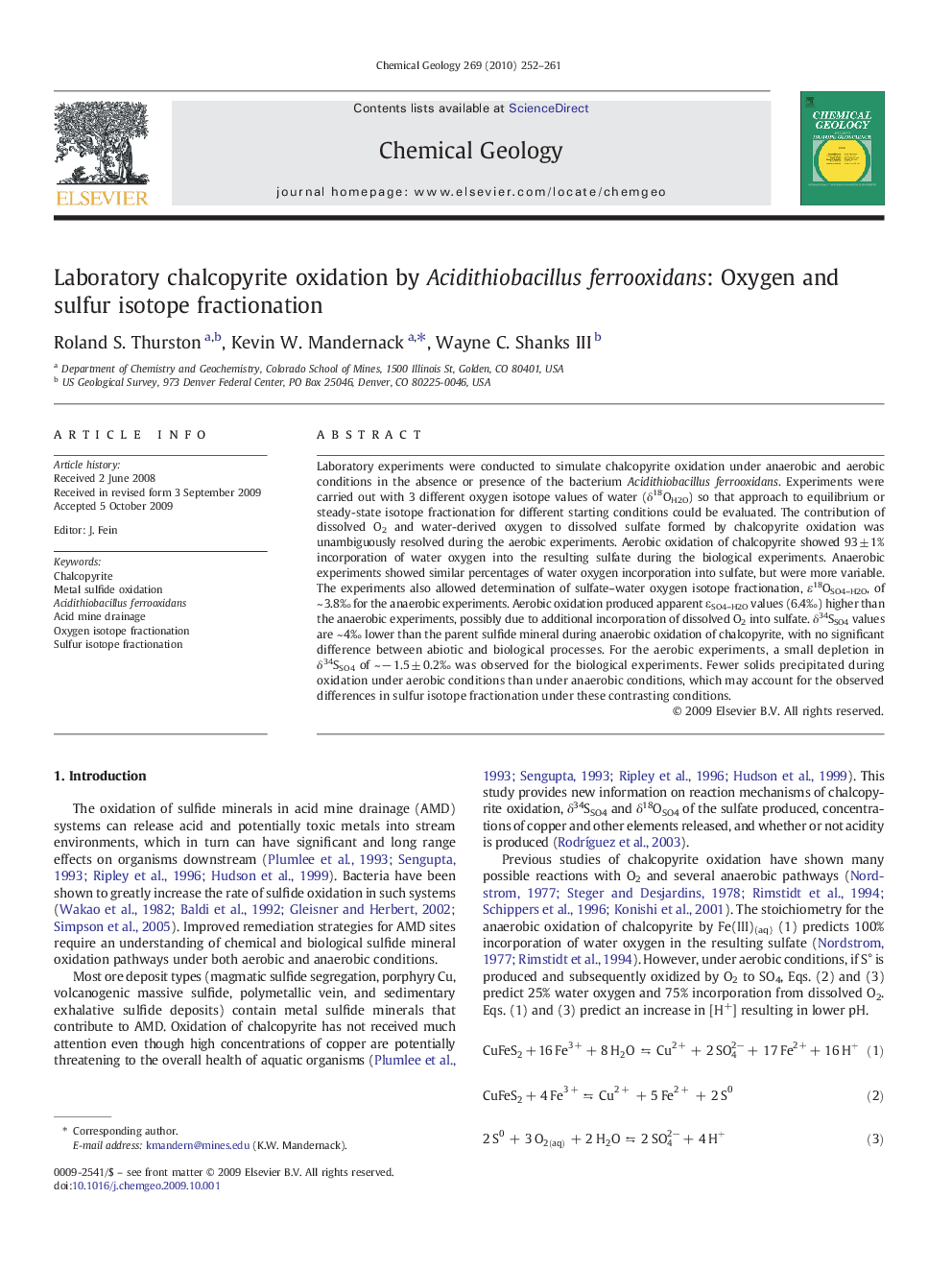 Laboratory chalcopyrite oxidation by Acidithiobacillus ferrooxidans: Oxygen and sulfur isotope fractionation