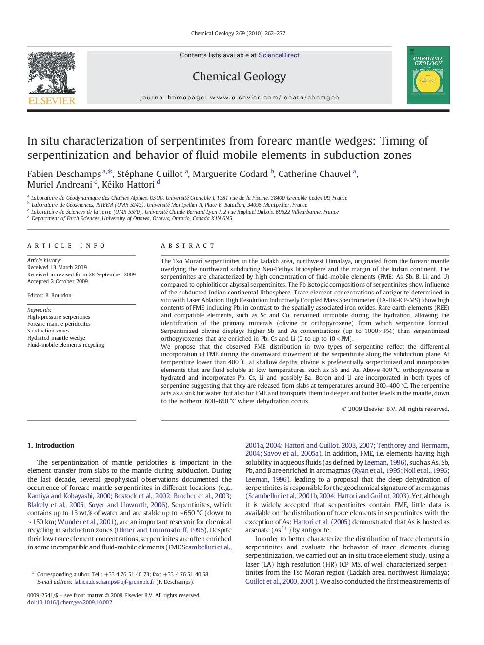 In situ characterization of serpentinites from forearc mantle wedges: Timing of serpentinization and behavior of fluid-mobile elements in subduction zones