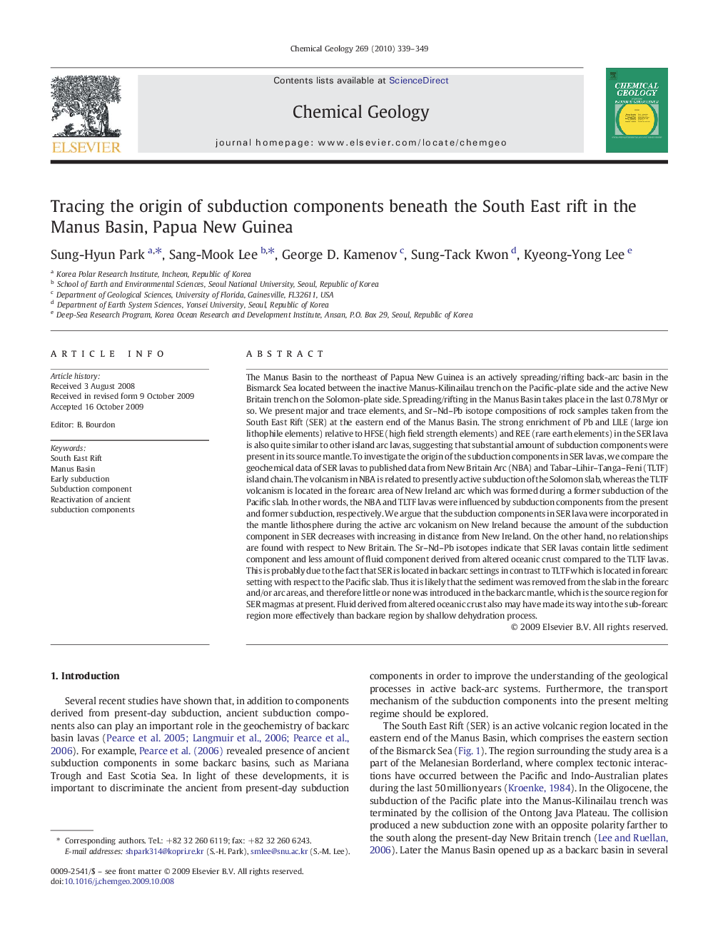 Tracing the origin of subduction components beneath the South East rift in the Manus Basin, Papua New Guinea