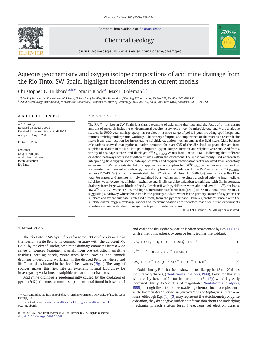 Aqueous geochemistry and oxygen isotope compositions of acid mine drainage from the Río Tinto, SW Spain, highlight inconsistencies in current models