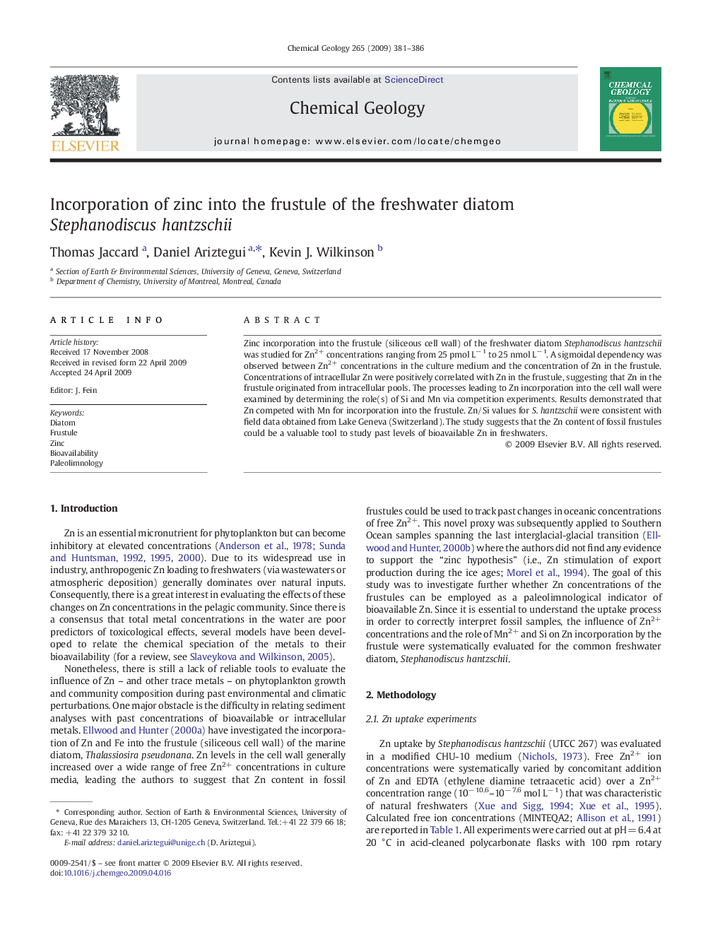 Incorporation of zinc into the frustule of the freshwater diatom Stephanodiscus hantzschii