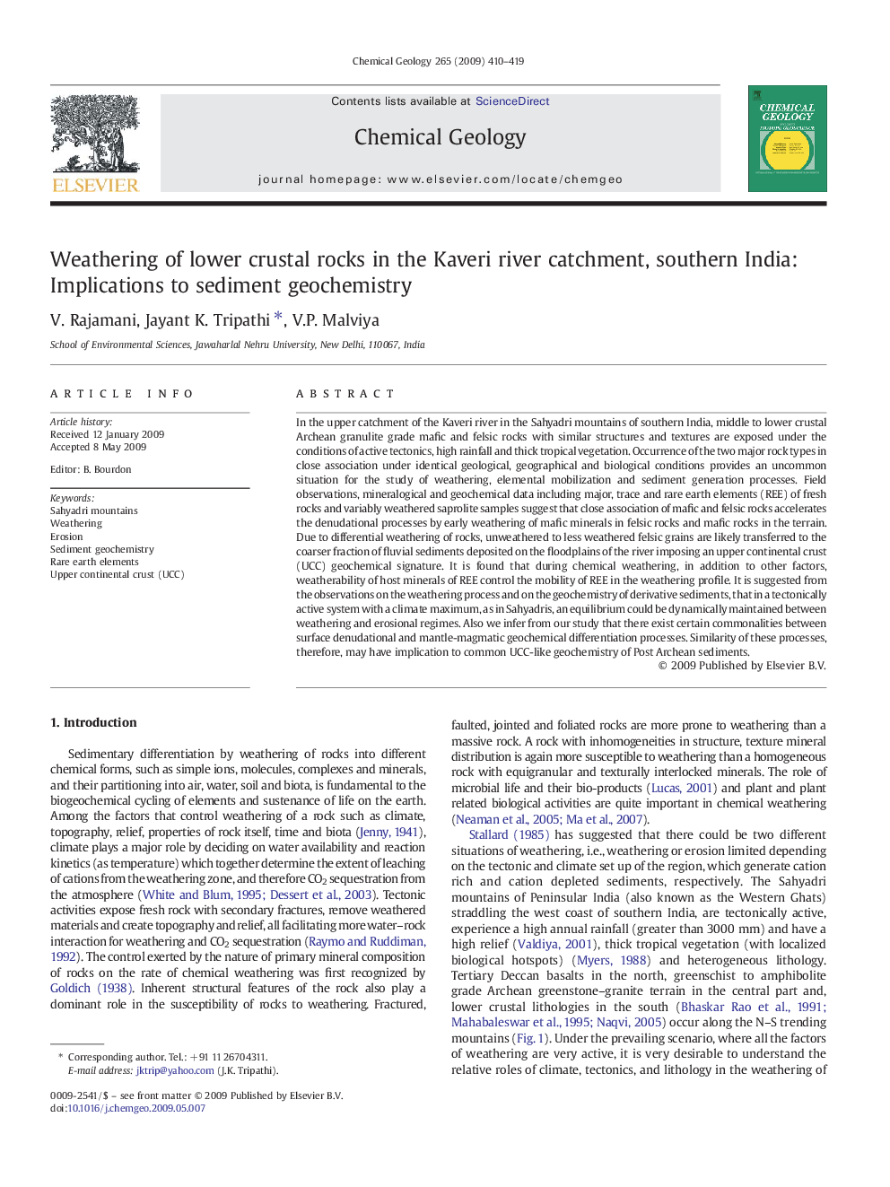 Weathering of lower crustal rocks in the Kaveri river catchment, southern India: Implications to sediment geochemistry