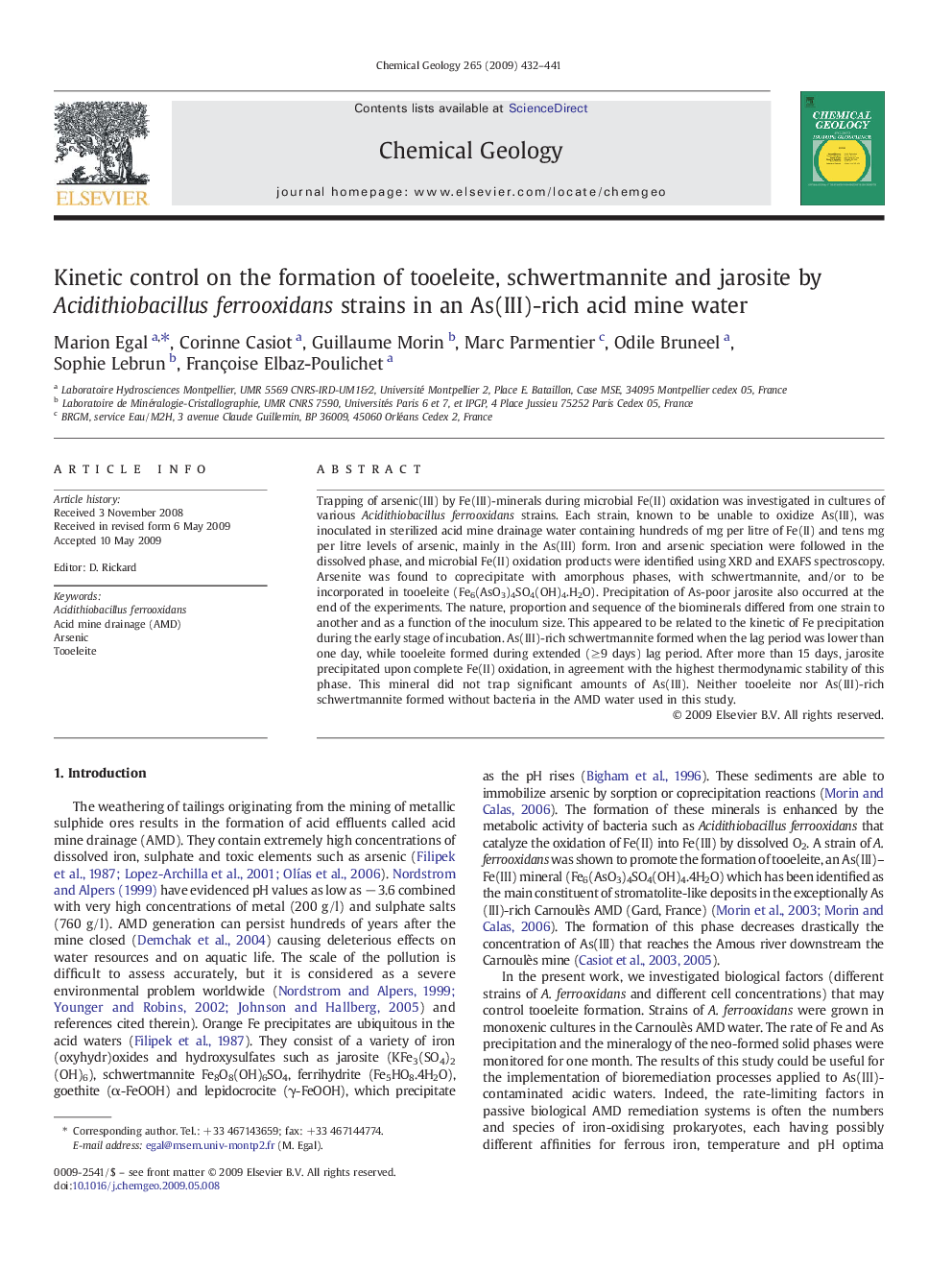 Kinetic control on the formation of tooeleite, schwertmannite and jarosite by Acidithiobacillus ferrooxidans strains in an As(III)-rich acid mine water