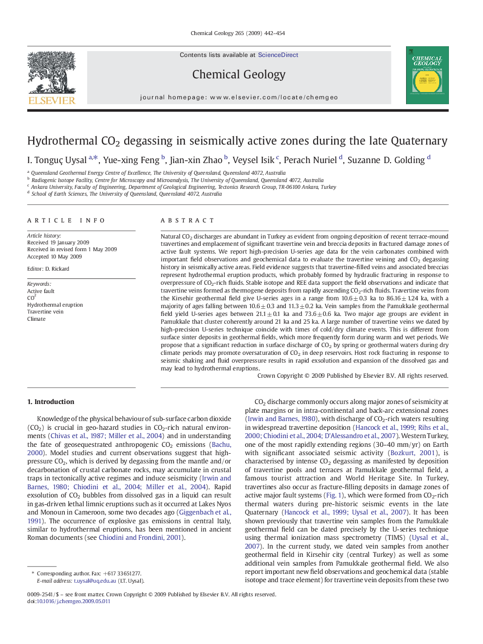 Hydrothermal CO2 degassing in seismically active zones during the late Quaternary