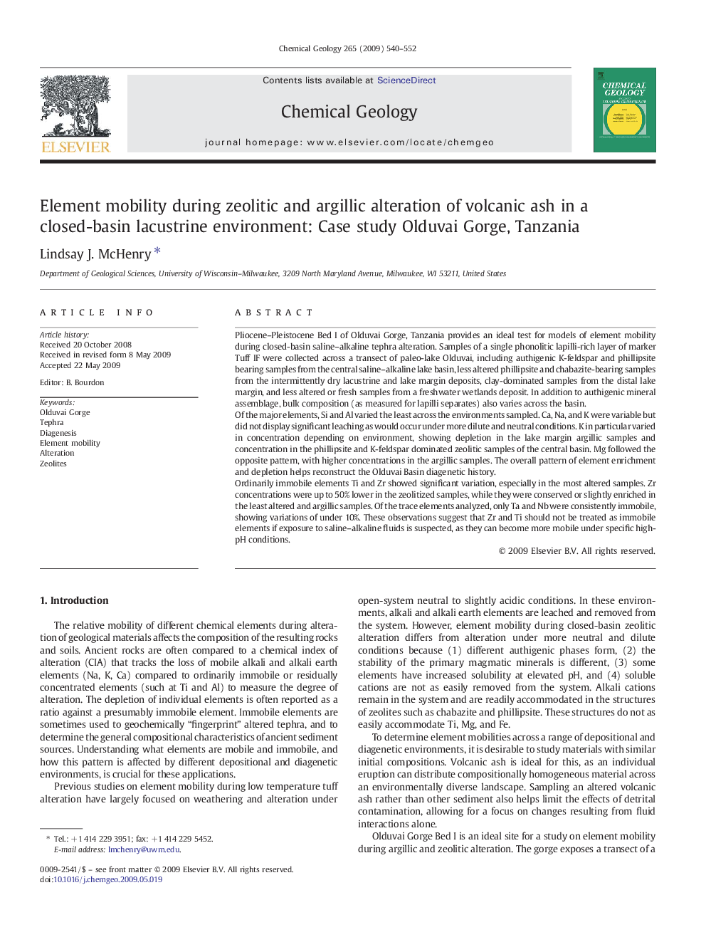 Element mobility during zeolitic and argillic alteration of volcanic ash in a closed-basin lacustrine environment: Case study Olduvai Gorge, Tanzania
