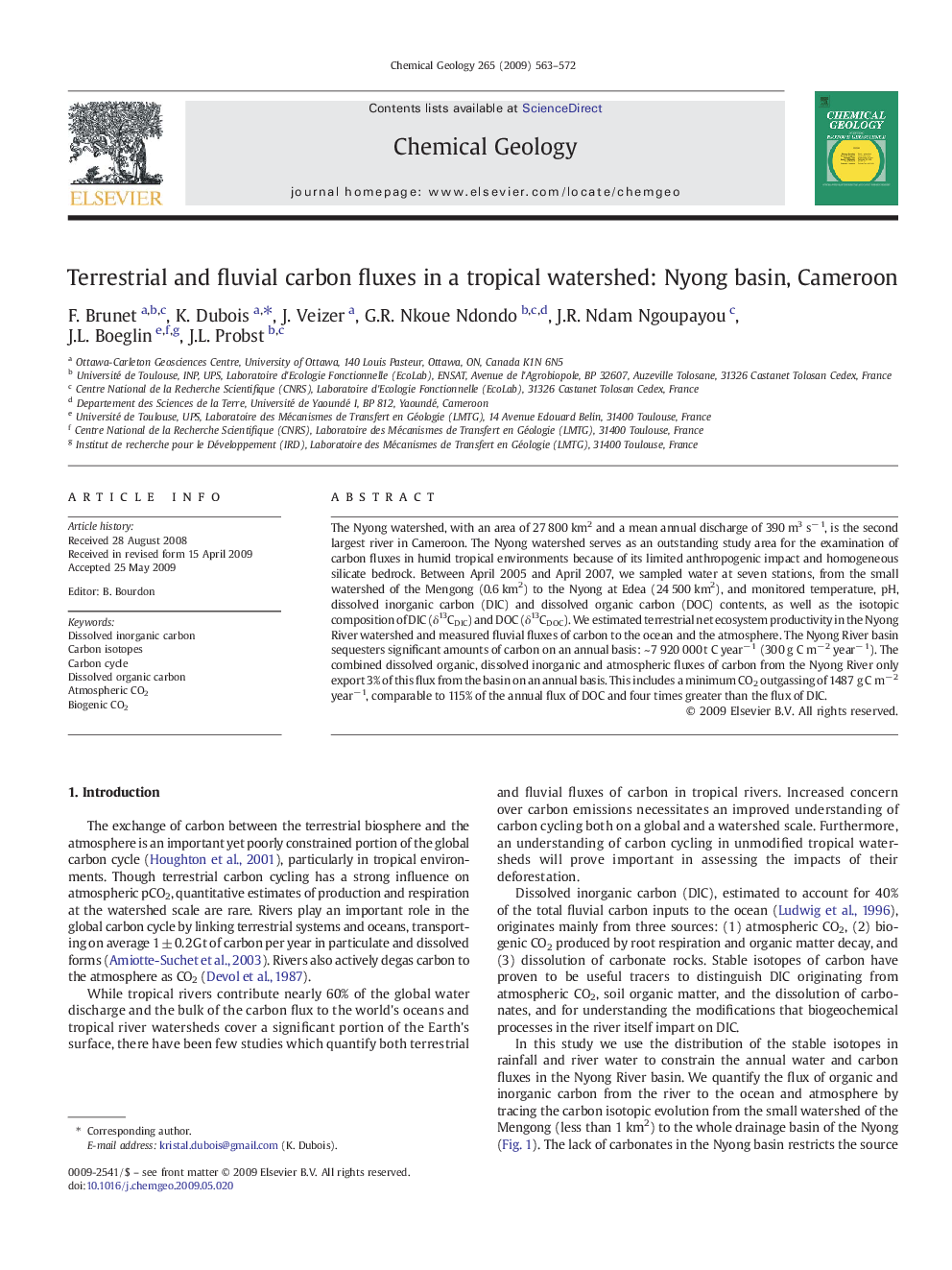 Terrestrial and fluvial carbon fluxes in a tropical watershed: Nyong basin, Cameroon