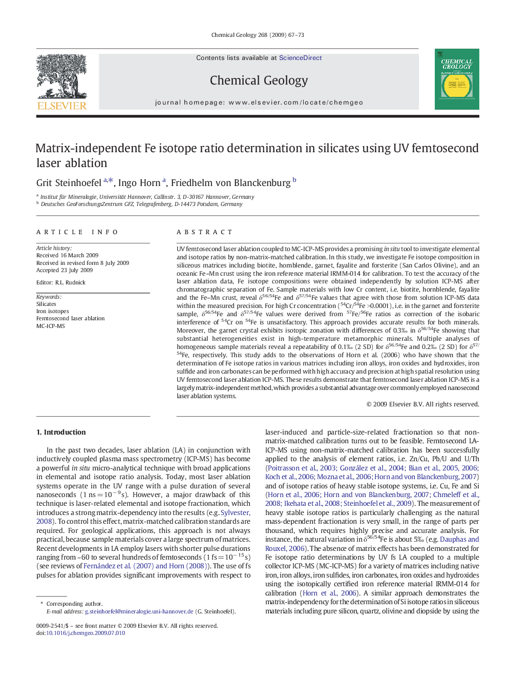 Matrix-independent Fe isotope ratio determination in silicates using UV femtosecond laser ablation