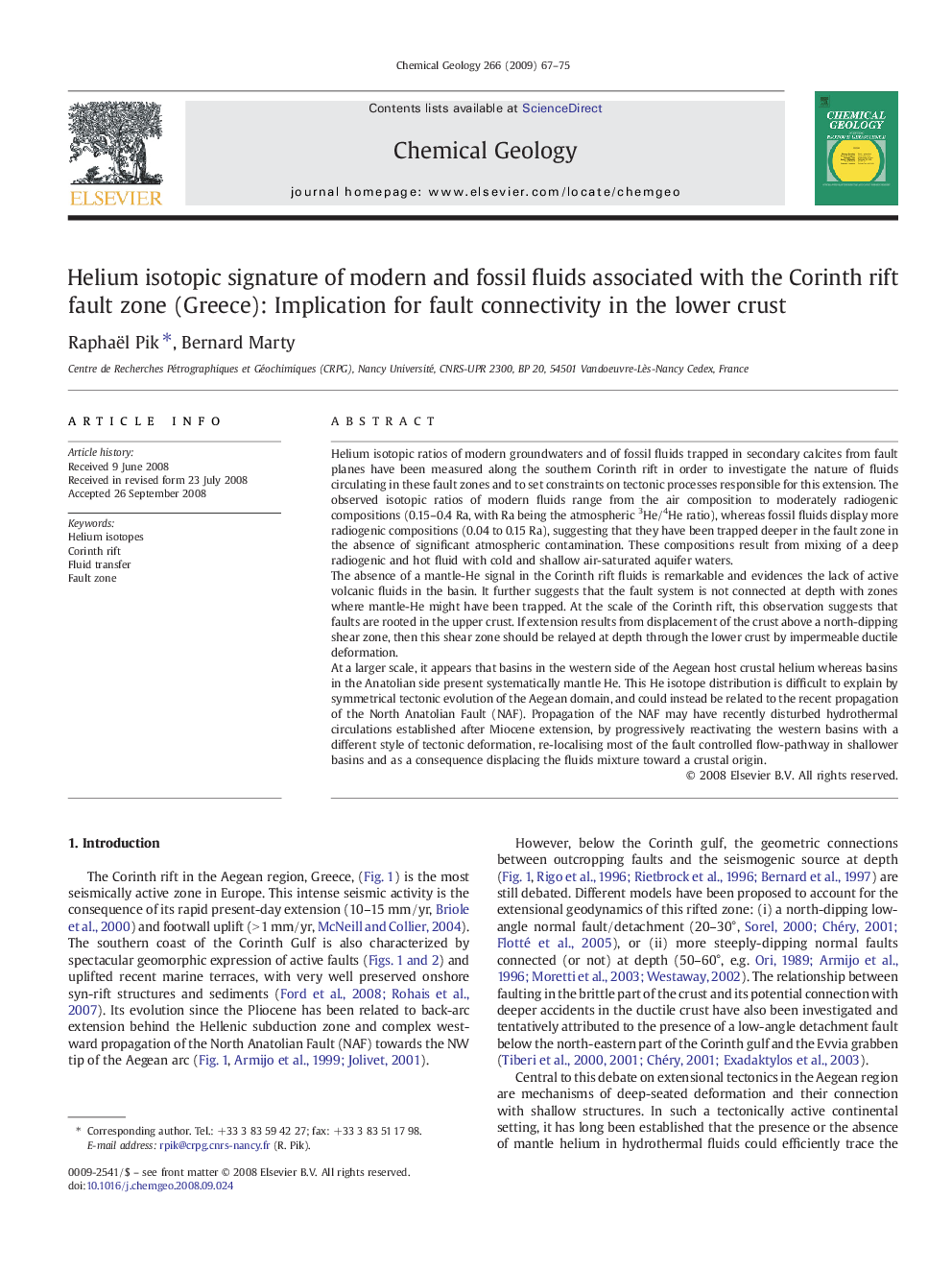 Helium isotopic signature of modern and fossil fluids associated with the Corinth rift fault zone (Greece): Implication for fault connectivity in the lower crust