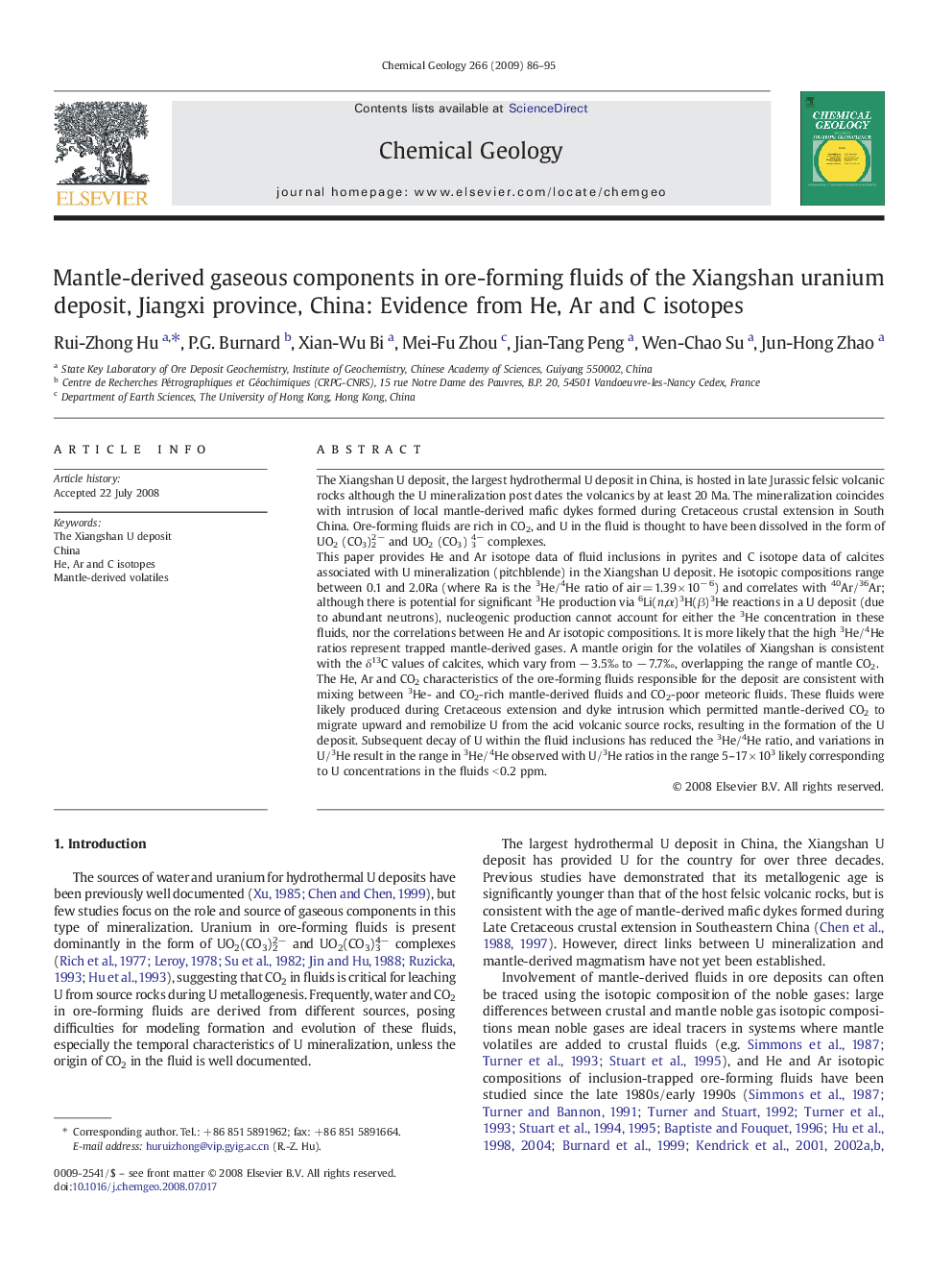 Mantle-derived gaseous components in ore-forming fluids of the Xiangshan uranium deposit, Jiangxi province, China: Evidence from He, Ar and C isotopes