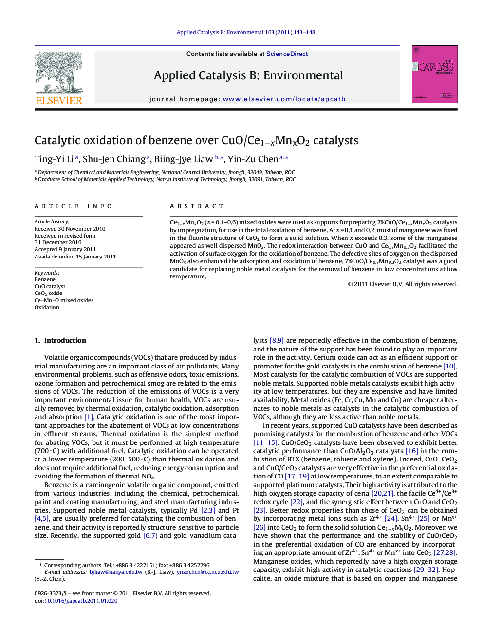 Catalytic oxidation of benzene over CuO/Ce1−xMnxO2 catalysts