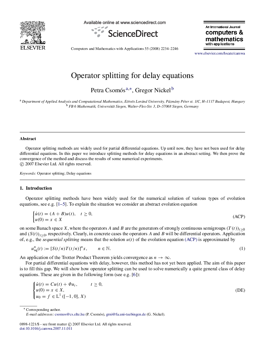 Operator splitting for delay equations