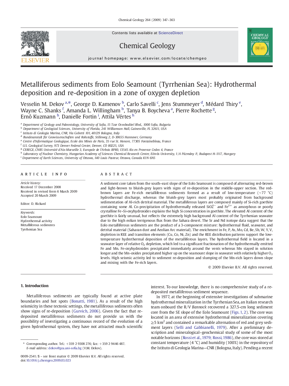 Metalliferous sediments from Eolo Seamount (Tyrrhenian Sea): Hydrothermal deposition and re-deposition in a zone of oxygen depletion
