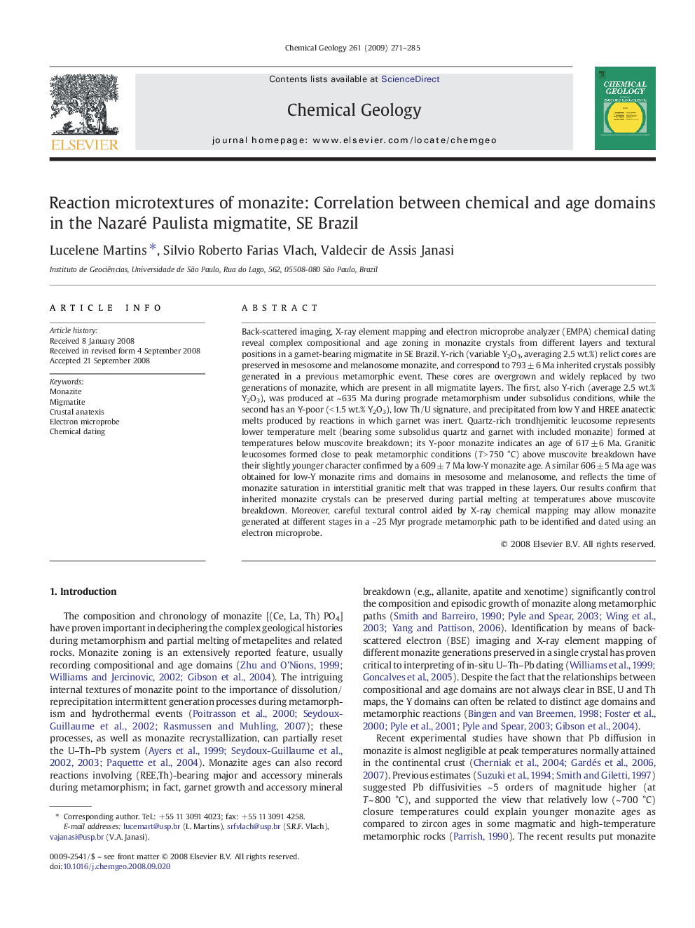 Reaction microtextures of monazite: Correlation between chemical and age domains in the Nazaré Paulista migmatite, SE Brazil