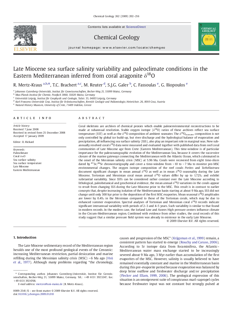 Late Miocene sea surface salinity variability and paleoclimate conditions in the Eastern Mediterranean inferred from coral aragonite δ18O