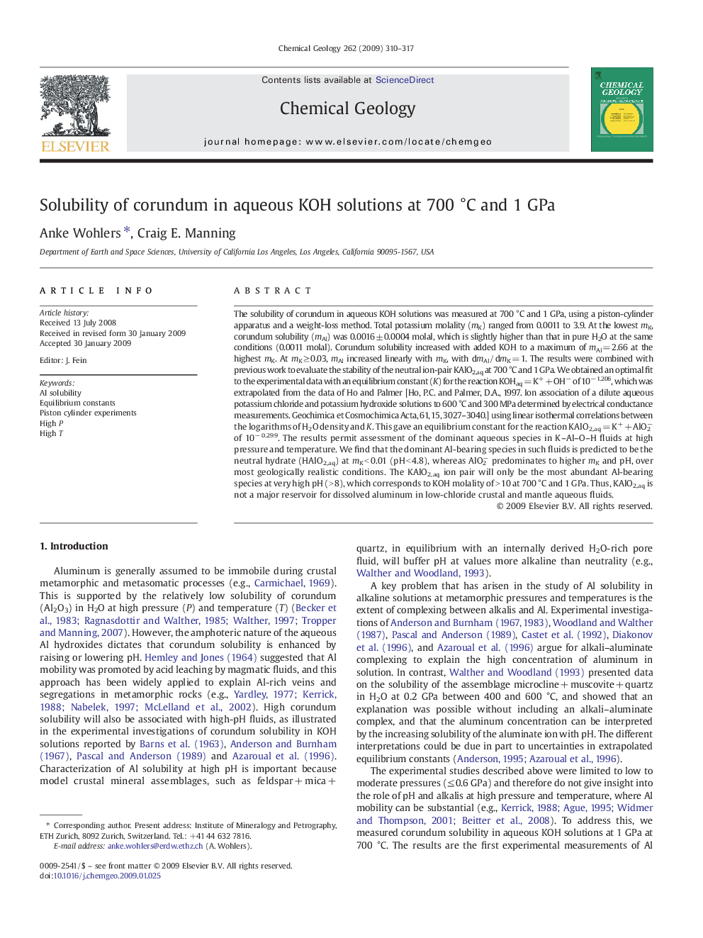 Solubility of corundum in aqueous KOH solutions at 700 °C and 1 GPa