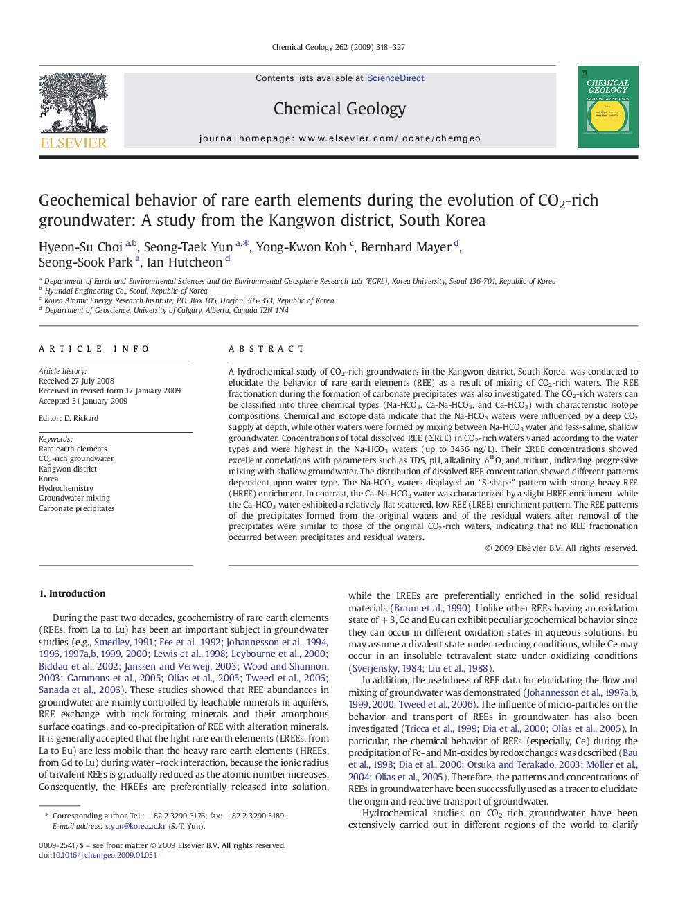 Geochemical behavior of rare earth elements during the evolution of CO2-rich groundwater: A study from the Kangwon district, South Korea