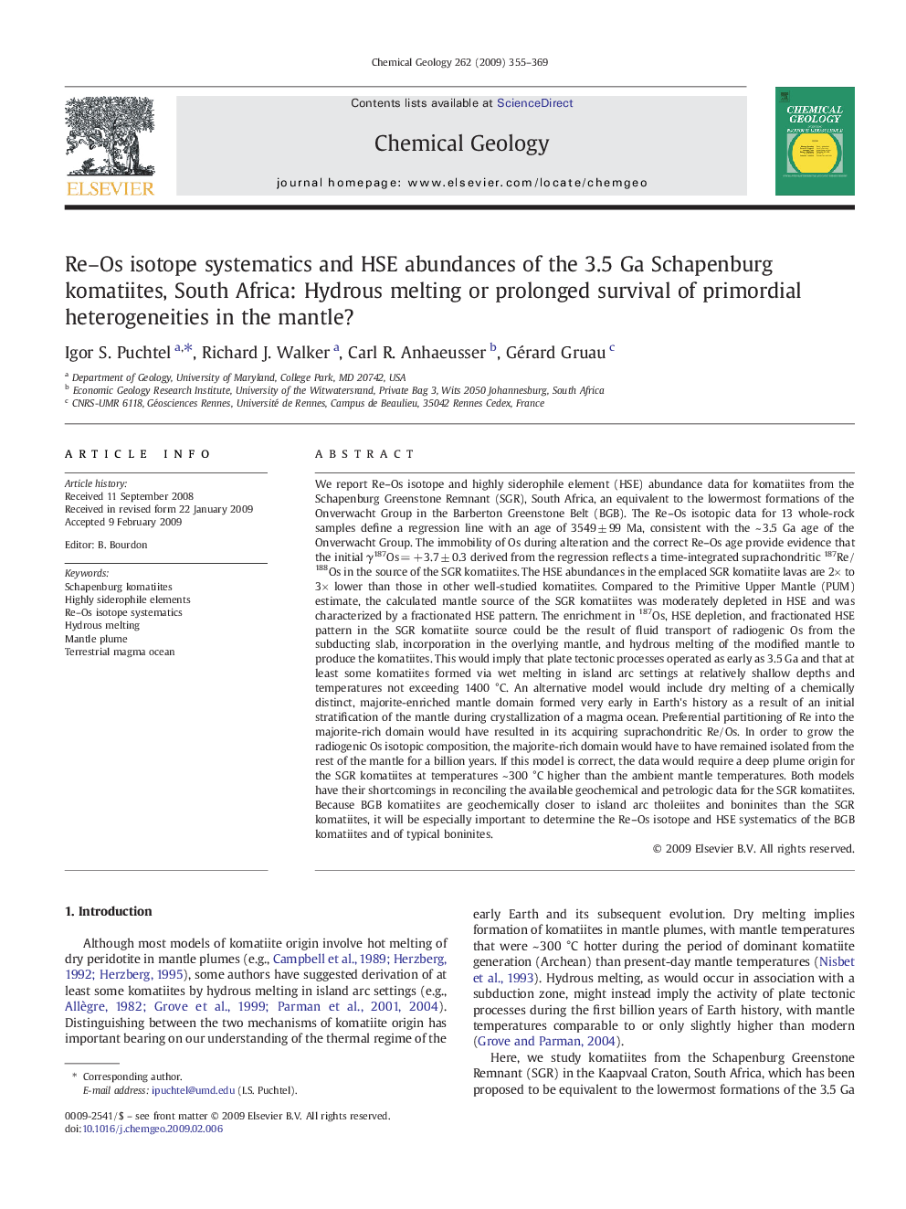 Re–Os isotope systematics and HSE abundances of the 3.5 Ga Schapenburg komatiites, South Africa: Hydrous melting or prolonged survival of primordial heterogeneities in the mantle?