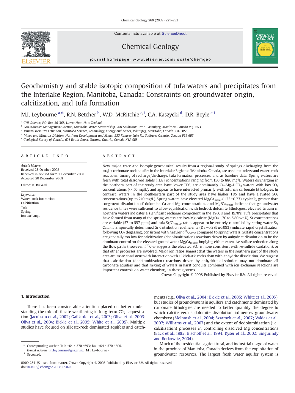 Geochemistry and stable isotopic composition of tufa waters and precipitates from the Interlake Region, Manitoba, Canada: Constraints on groundwater origin, calcitization, and tufa formation