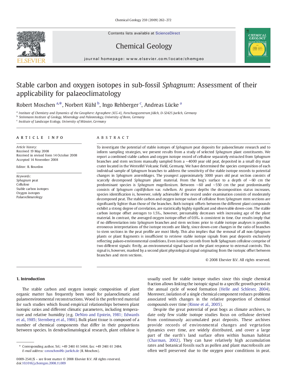 Stable carbon and oxygen isotopes in sub-fossil Sphagnum: Assessment of their applicability for palaeoclimatology