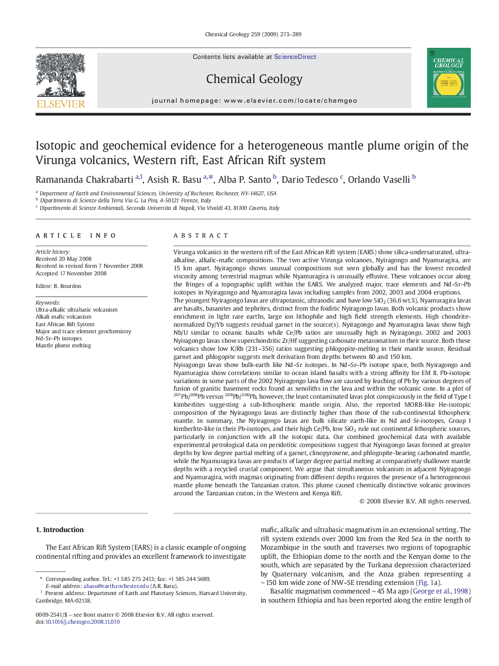 Isotopic and geochemical evidence for a heterogeneous mantle plume origin of the Virunga volcanics, Western rift, East African Rift system