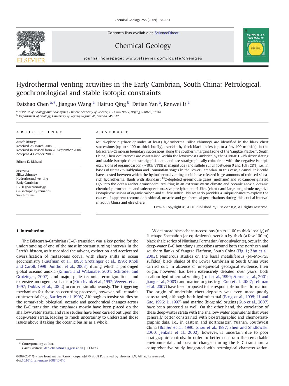 Hydrothermal venting activities in the Early Cambrian, South China: Petrological, geochronological and stable isotopic constraints