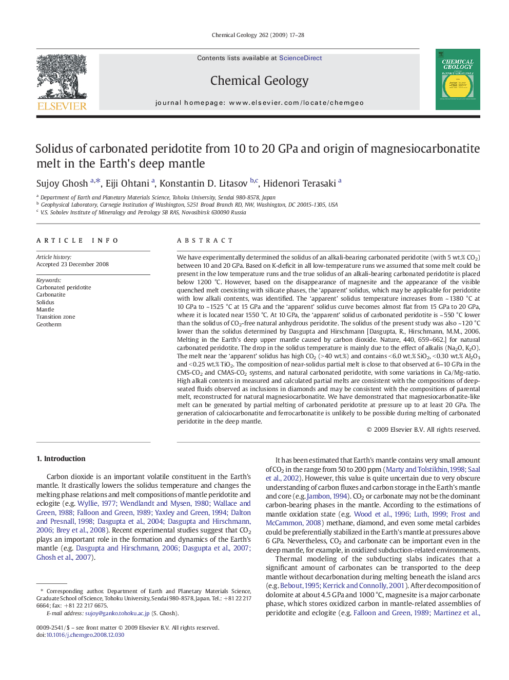 Solidus of carbonated peridotite from 10 to 20 GPa and origin of magnesiocarbonatite melt in the Earth's deep mantle