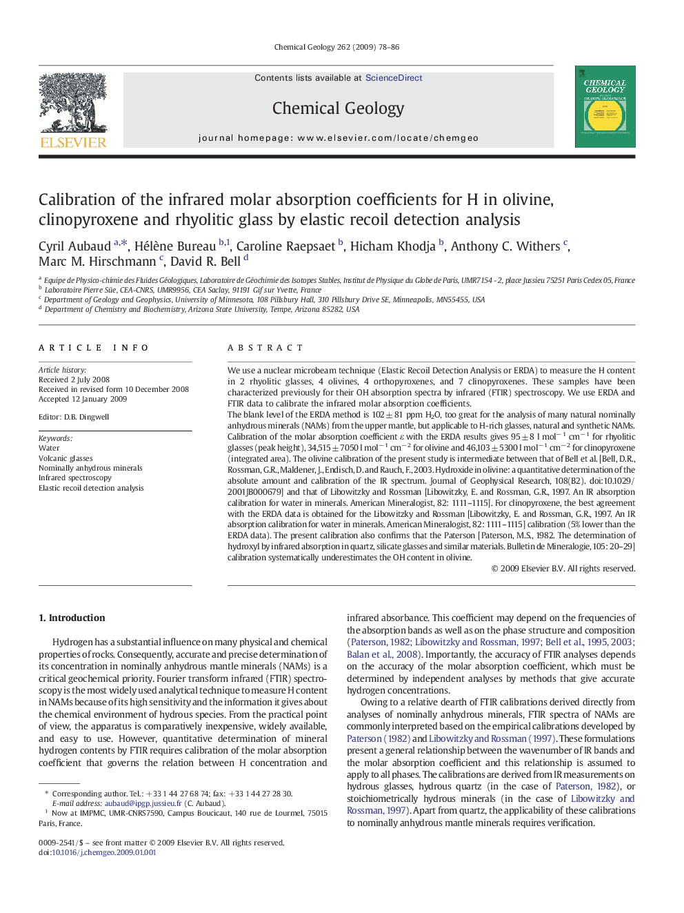 Calibration of the infrared molar absorption coefficients for H in olivine, clinopyroxene and rhyolitic glass by elastic recoil detection analysis