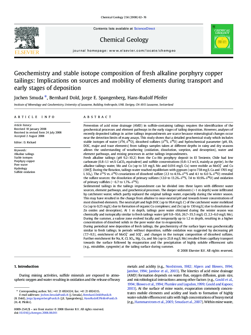 Geochemistry and stable isotope composition of fresh alkaline porphyry copper tailings: Implications on sources and mobility of elements during transport and early stages of deposition