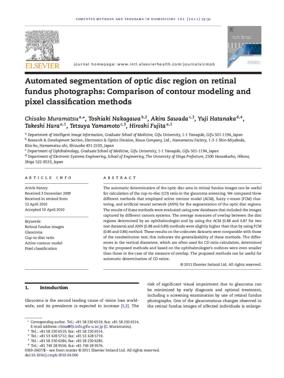 Automated segmentation of optic disc region on retinal fundus photographs: Comparison of contour modeling and pixel classification methods