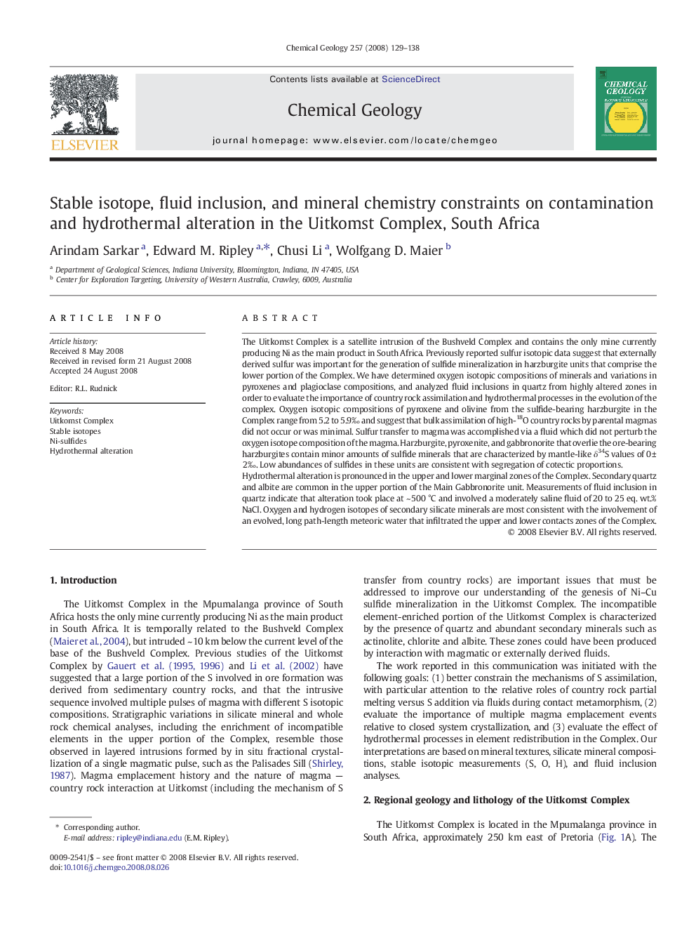 Stable isotope, fluid inclusion, and mineral chemistry constraints on contamination and hydrothermal alteration in the Uitkomst Complex, South Africa